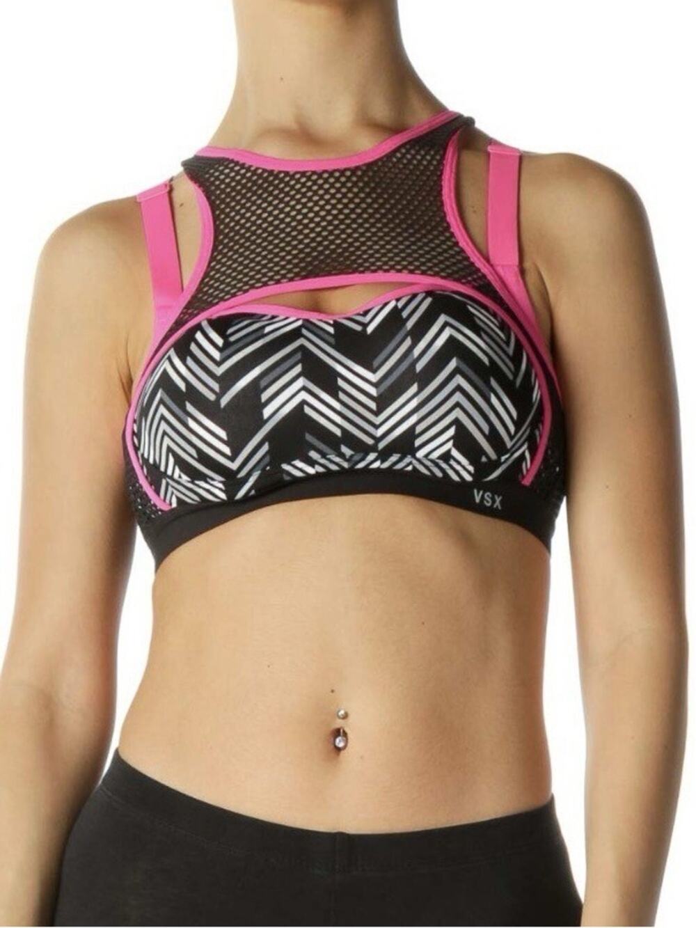 Victoria's Secret VSX Black & Hot Pink Geometric Mesh Racerback Sports Bra 32C